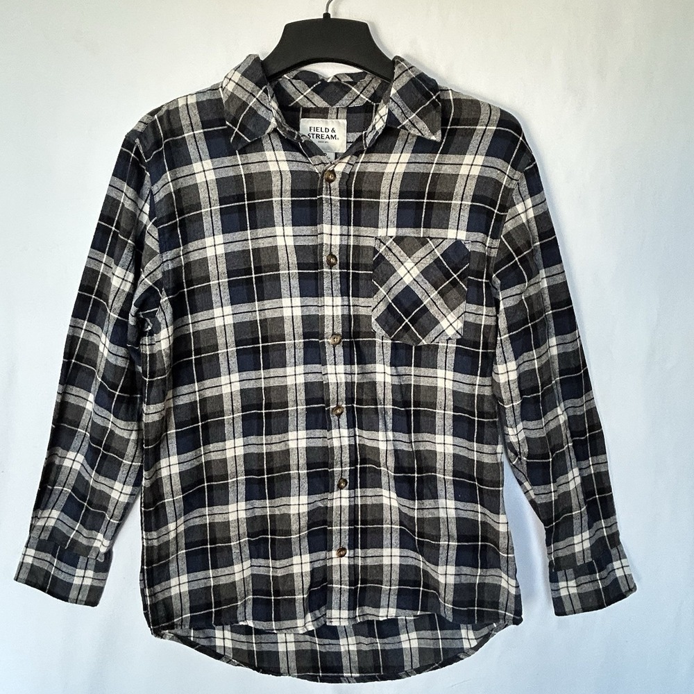 Field And Stream Men's Flannel Shirt Plaid Button Up Gray Blue Cream Medium